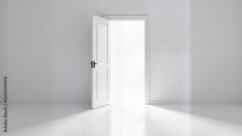 Bright open door in all white room, sunlight streaming through doorway, symbolizing opportunity and new start Bright open door in all white room, sunlight streaming through doorway, symbolizing opportunity and new start