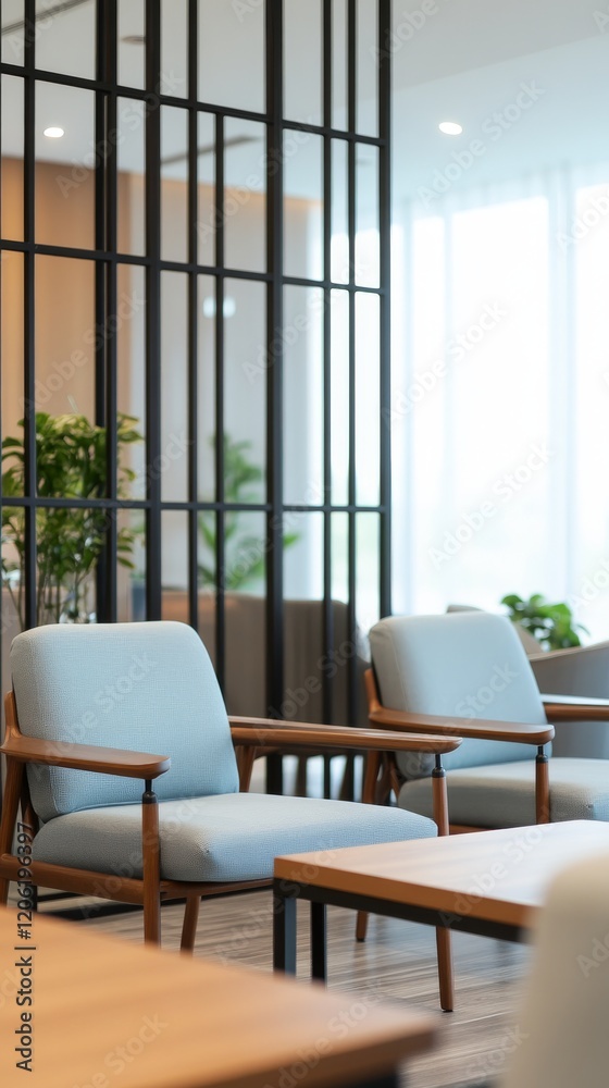 Fototapeta premium A modern armchair with a metal frame and blue cushions. Geometric decorative armchair in a minimalist setting.