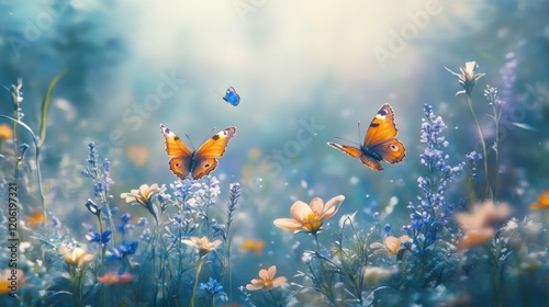 Beautiful Colorful Butterflies in Vibrant Flower Meadow Scene