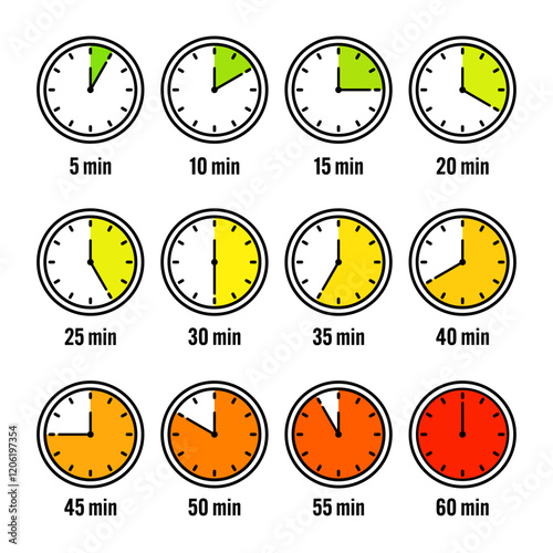 Stopwatch icons. Colorful simple chronometer, time counter with dial. Countdown timer showing hours and minutes. Deadline, measurement for sport. Cooking time label, sticker. Vector illustration