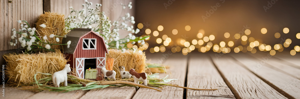 Naklejka premium Rustic Farm Scene Miniature Barn Hay Animals Lights