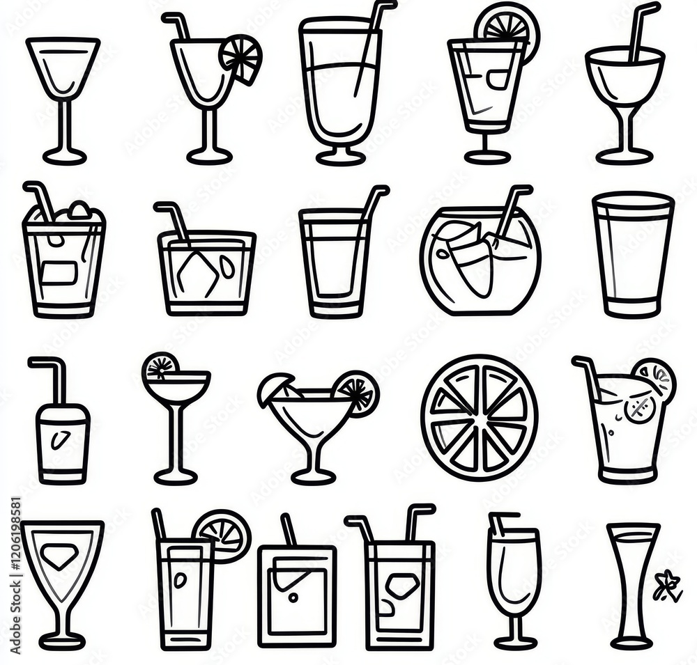 Hand-drawn cocktails in sketch style, utilizing art ink for a black and white graphic effect Hand-drawn cocktails in sketch style, utilizing art ink for a black and white graphic effect