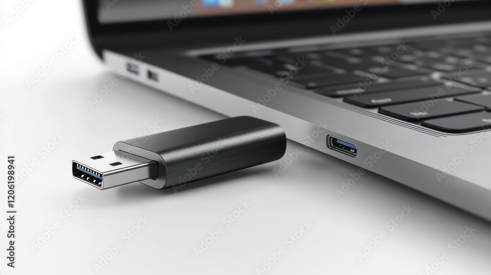 USB drive connecting to laptop, data transfer, white background, technology USB drive connecting to laptop, data transfer, white background, technology