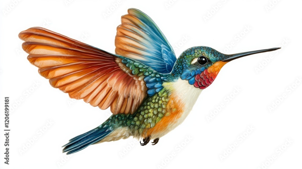 Fototapeta premium An artistically stylized and colorful portrait of a hummingbird, highlighting vibrant feathers and dynamic pose against a clean white background.