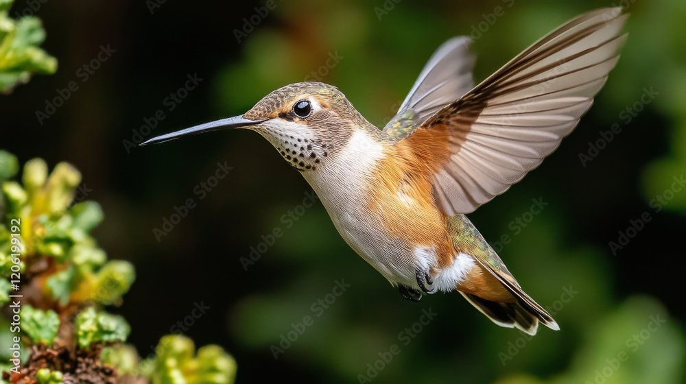 Fototapeta premium A delicate hummingbird in mid-flight with its wings a blur, set against a background of lush green foliage, embodying the beauty and fragility of nature.