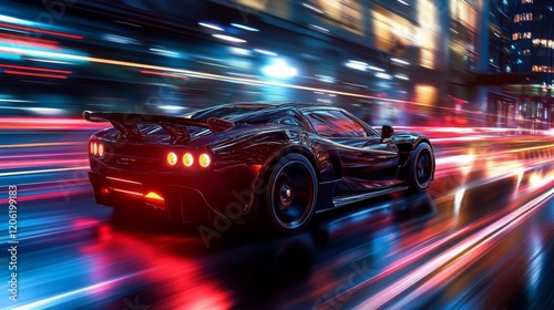 A futuristic sports car races through a neon-lit cityscape, capturing the essence of speed and modernity against the backdrop of glowing urban lights. photo