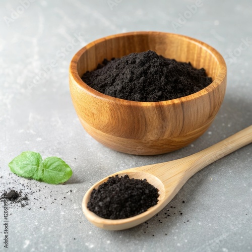 A bowl of black shilajit powder with a honey dipper and green leaves, highlighting natural health and vitalit photo