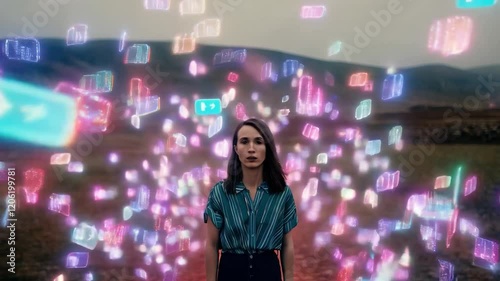 Woman Overwhelmed by Notifications Floating in the Air