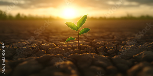 A resilient sprout emerges from cracked earth during a sunset, symbolizing hope and new beginnings. photo