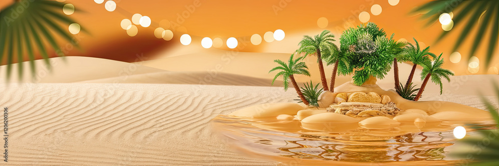 Obraz premium Oasis in Desert Landscape Palm Trees Sand Dunes Golden Hour