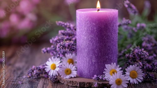 A lit purple candle exudes a soothing lavender scent, surrounded by delicate daisies and lavender sprigs, crafting a serene and calming ambiance. photo