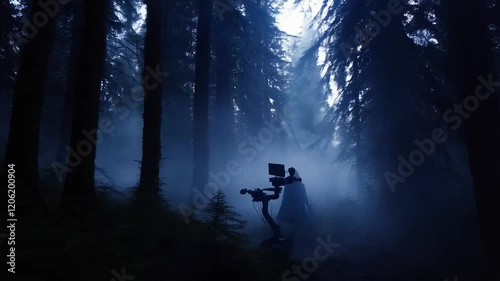 Foggy Forest Filming. Dolly Crane in Action with Actor