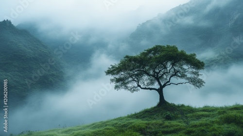 A solitary tree stands gracefully on a lush hilltop surrounded by misty mountains, evoking serenity and a connection with nature's calm and enduring beauty. photo