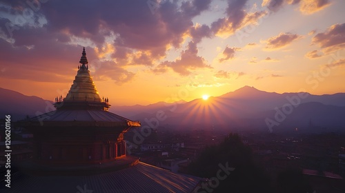 Golden Pagoda Sunset Over Cityscape Mountains