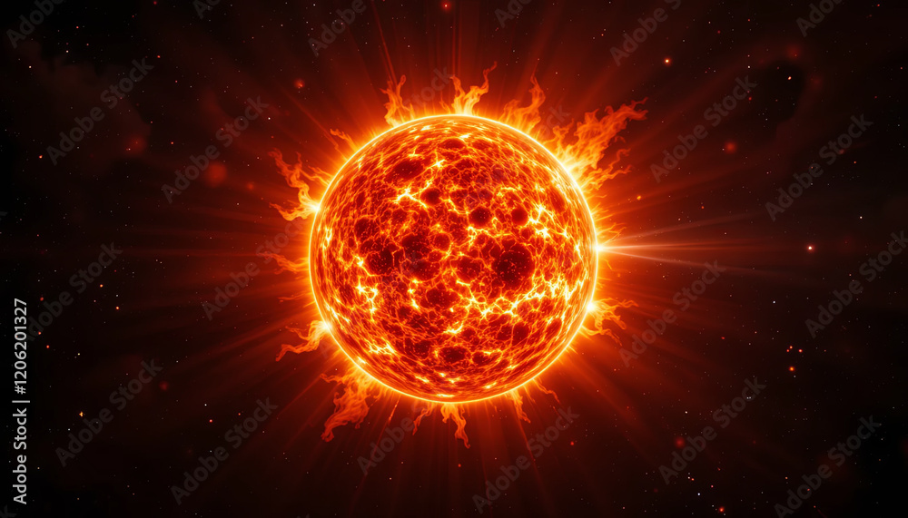Fototapeta premium A vibrant sun emits intense light and heat, surrounded by vivid solar flares reaching into the dark expanse of space, showcasing the power of the star