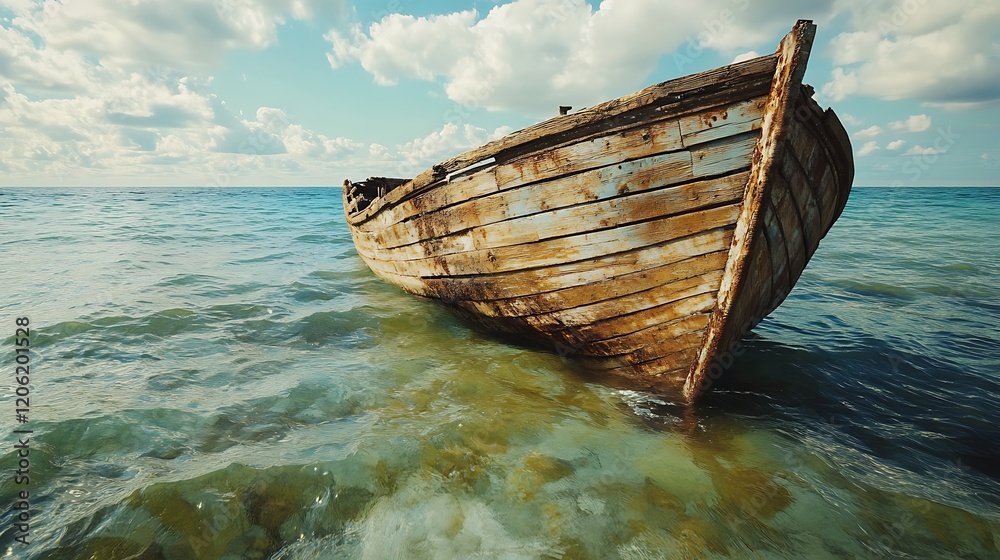 Old wooden boat floating in shallow water near the shore Old wooden boat floating in shallow water near the shore