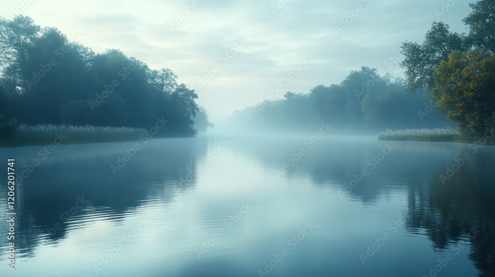 Misty River at Dawn: Serene Reflection of Nature's Tranquility Misty River at Dawn: Serene Reflection of Nature's Tranquility