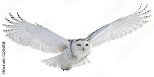Snowy Owl in Flight on Transparent Background. PNG