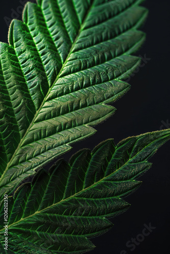 Closeup view of vibrant cannabis leaves showcasing intricate textures and rich green hues photo