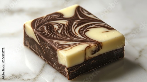 A handcrafted marble chocolate piece adorned with a dark chocolate swirl on top, offering a perfect balance of creamy and rich flavors. Gourmet and sophisticated. photo