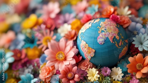 Colorful paper flowers surround a world globe photo