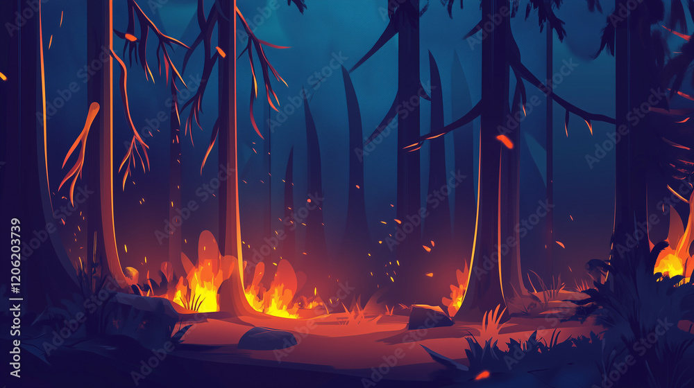 Fototapeta premium Forest fire disaster illustration, trees burning at night, wildfire nature destruction, damaged environment caused by global warming 