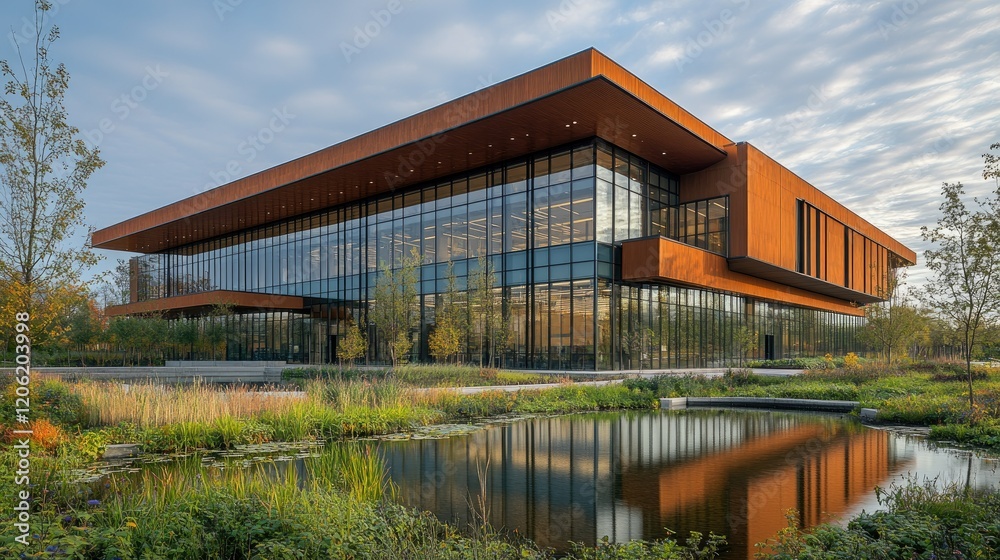 Obraz premium Modern architectural building surrounded by gardens and a reflective pond.
