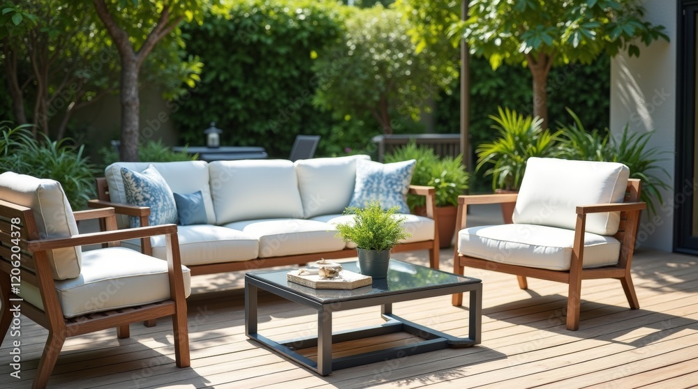 Modern patio furniture set featuring a glass coffee table on a wooden deck with a lush garden in the background. Bright daylight enhances the cozy and stylish atmosphere. Modern patio furniture set featuring a glass coffee table on a wooden deck with a lush garden in the background. Bright daylight enhances the cozy and stylish atmosphere.