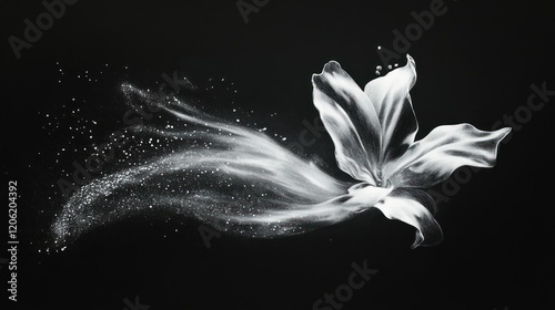 Abstract white flower with ethereal dust particles on black background