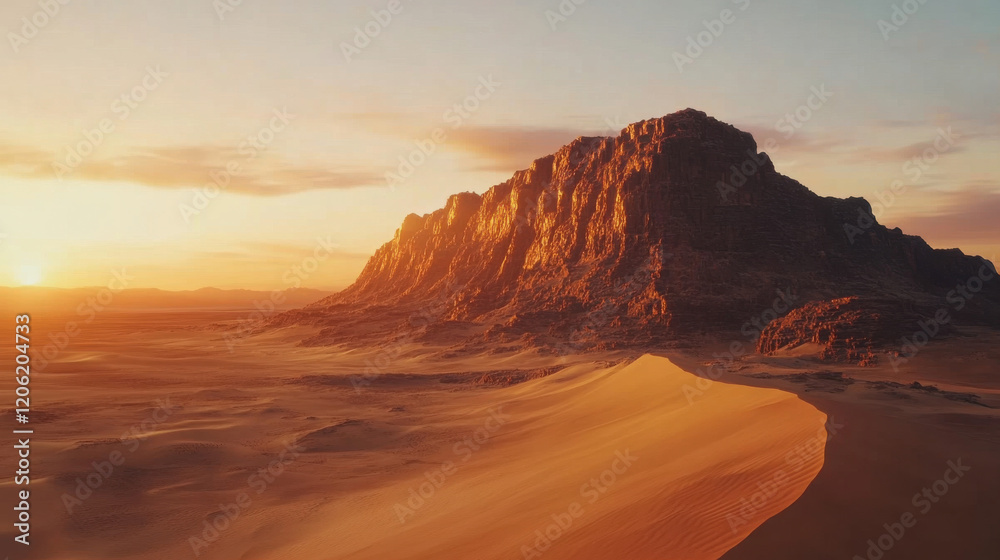 A dramatic mountain ridge at the edge of a vast desert, its steep cliffs glowing under the intense orange hues of a setting sun. Sand dunes stretch endlessly in the foreground, scattered with sparse d A dramatic mountain ridge at the edge of a vast desert, its steep cliffs glowing under the intense orange hues of a setting sun. Sand dunes stretch endlessly in the foreground, scattered with sparse d