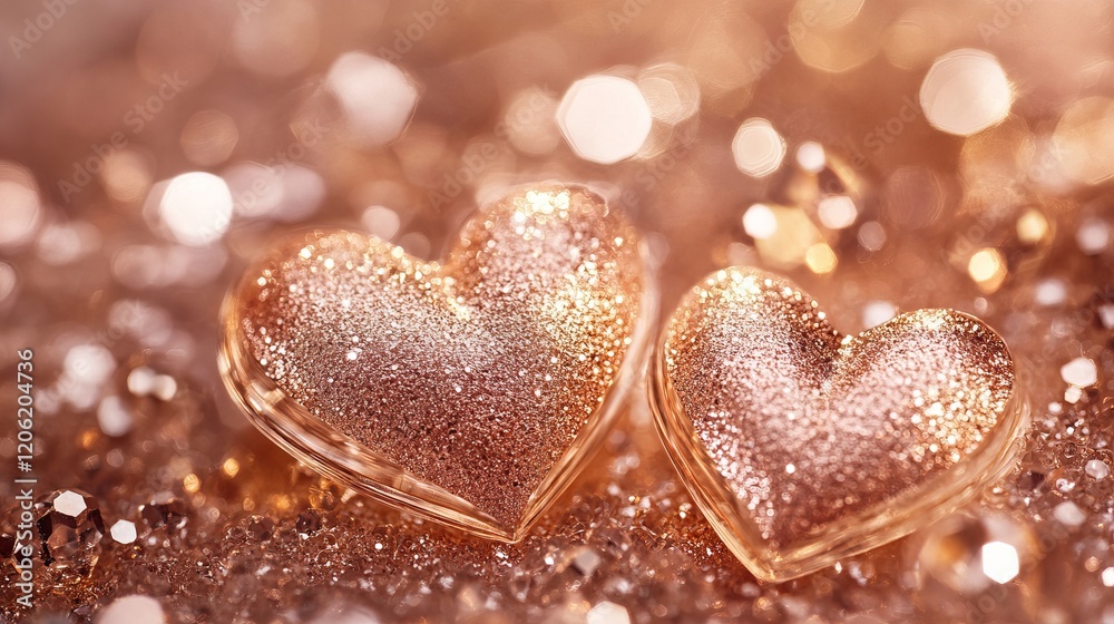 Fototapeta premium Romantic Rose Gold Glitter Hearts Valentine Festive Sparkling Love Elegant Design Romantic Decoration Wedding Anniversary Celebration Shiny Bling Luxury 