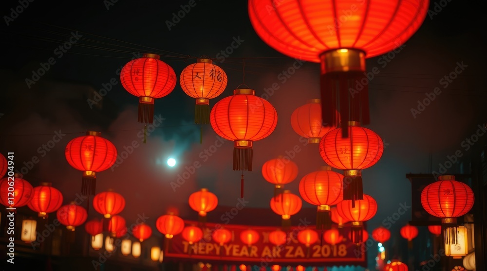 Obraz premium Chinese lanterns at a New Year festival bathed in a soft cinematic haze. Soft focus, hazy background. Happy New Year banner with a dreamy