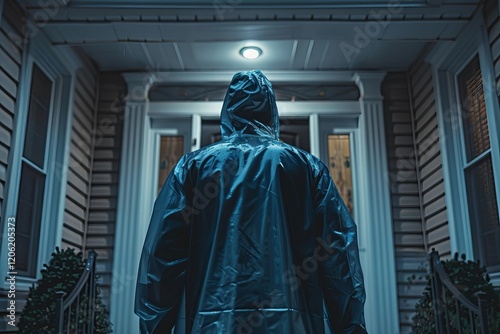 African American man in raincoat knocking on door as a representation of debt collection visit.