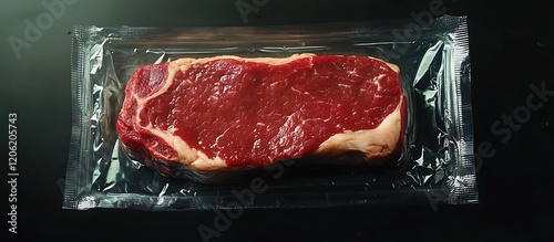 Fresh red meat in vacuum packaging on dark background