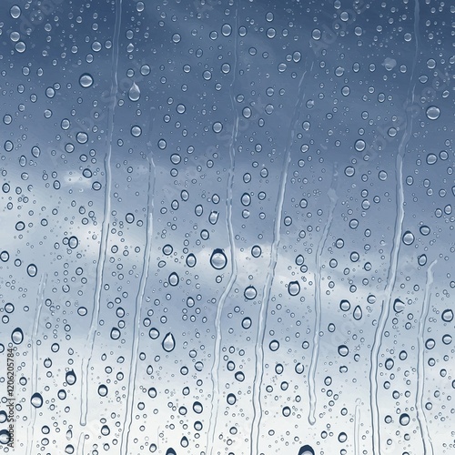 Close-Up Vector of Rain-Covered Windowpane with Raindrop Trails and Cloud Reflections