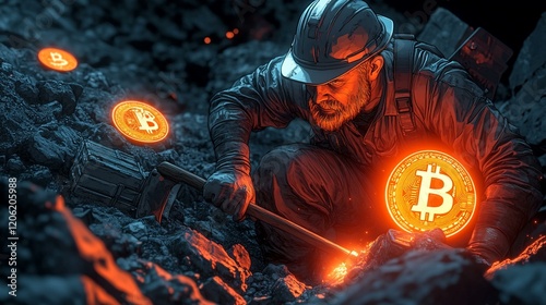 A stylized illustration of a gold miner working with a pickaxe, juxtaposed with digital currency symbols. 214