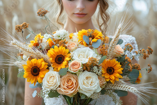 An elegant terracotta-themed bridal bouquet for autumn, featuring bright yellow sunflowers complemented by peach dahlias, soft cream roses, and rich copper bunny tails. The bouquet includes dried whea photo