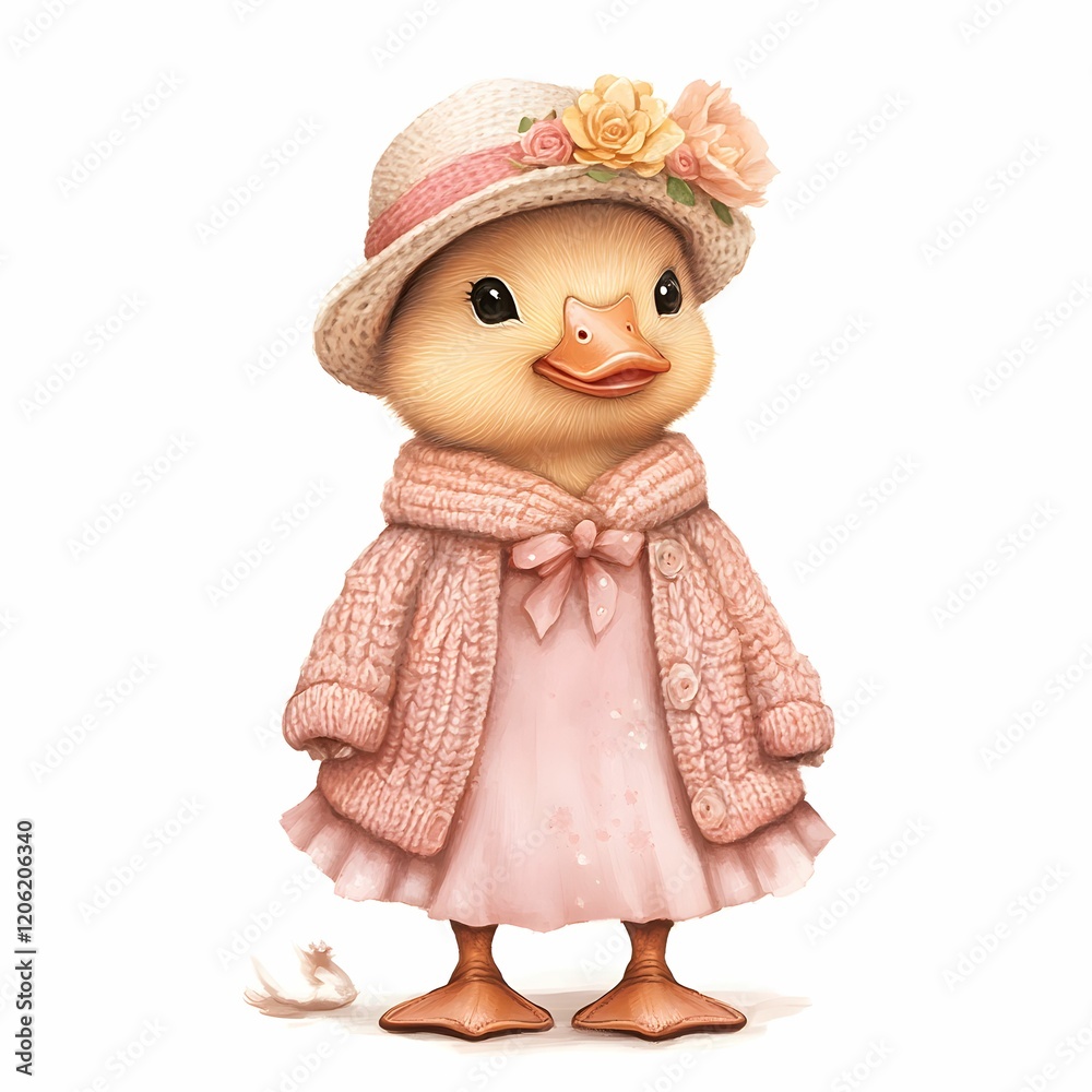 Adorable duck clipart with a pink cardigan and lace dress 