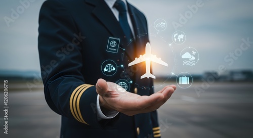 Pilot holding holographic virtual travel concept with airplane and travel-related icons in a futuristic glowing style at the airport runway background to represent aviation and technology innovation photo