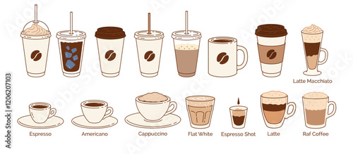 Vector minimalistic color line art illustration set of coffee cups