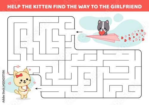 Help the kitten find the way to the girlfriend. Maze game for kids. Love of cats. labyrinth. Cartoon, isolated vector illustration eps 10