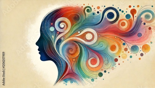 A colorful swirl of abstract shapes represents the fusion of thoughts and emotions in a human head silhouette