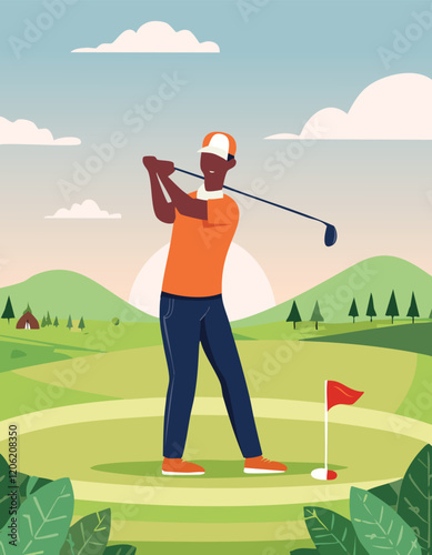 Golf man on a green field in a sunny day vector illustration