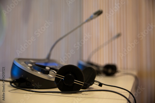 Detalle de micrófonos y auriculares en una sala de traducción simultanea