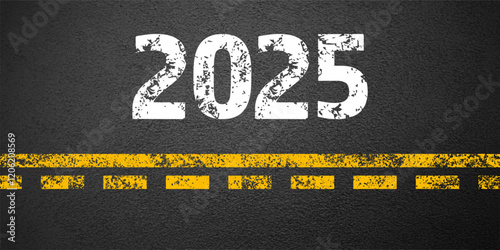 Asphalt road with yellow lane marking, concrete highway surface, texture. New year 2025. Street traffic line, road dividing strip. Pattern grainy structure, grunge background. Vector illustration