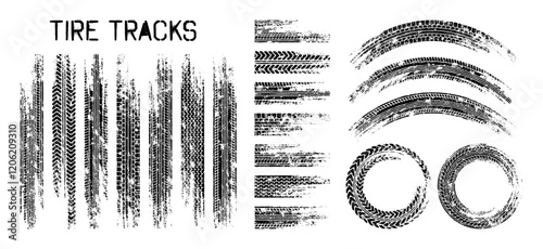 Grunge tire tracks, wheel braking marks. Truck, car or motorcycle tread pattern silhouettes. Auto race, motorsport, speed racing design element. Vector illustration