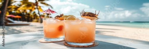 A collection of colorful cocktails with crushed ice cubes, set against a palm beach backdrop, presented in a panoramic banner of beverages and alcoholic drinks