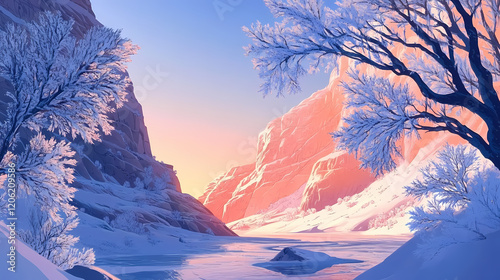 Frosty branches sway gently in the winter wind, frozen scenery, frozen canyon. Frozen Canyon. Illustration