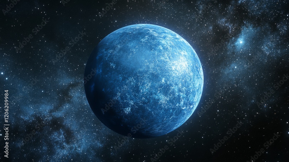 Fototapeta premium A striking depiction of a glowing blue planet set against a vast, starry galaxy background, evoking a sense of wonder and cosmic exploration in space.
