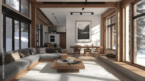 Modern mountain home living room sunlight winter forest view